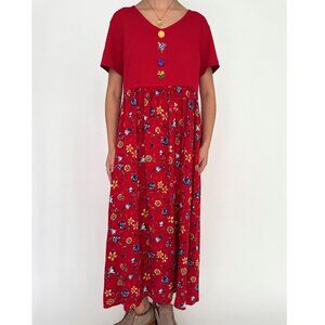 90s vintage red novelty floral print cottage kitschy ribbed casual maxi dress